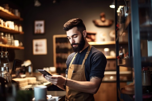 Captura de un joven que usa una tableta digital mientras trabaja en su tienda creada con inteligencia artificial generativa