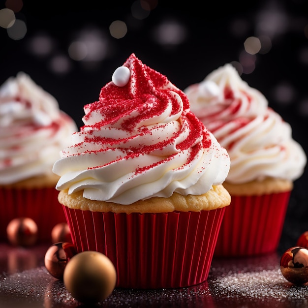 Captura macro aproximada de um chapéu de Papai Noel de Natal Cupcakes Fotografia de comida estilo de comida