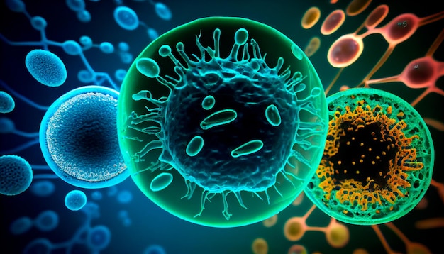 Captura macro de bactérias e células de vírus em uma placa de petri de laboratório científico Generative ai