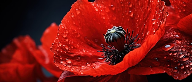 Captura macro de una flor de amapola que enfatiza sus intrincados patrones y vibrantes tonos rojos AI Generative
