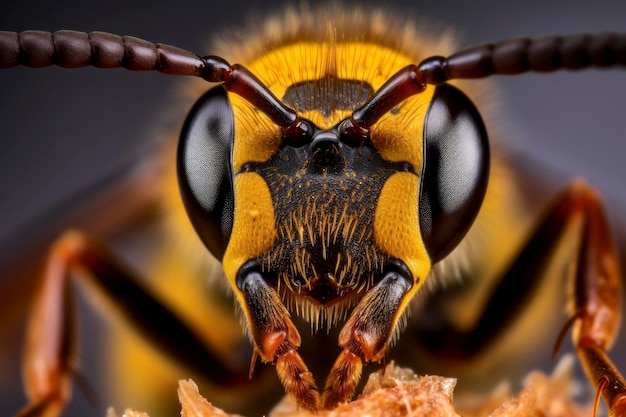 Foto captura macro ultradetalhada de uma vespa europeia mostrando seus padrões e características intricados