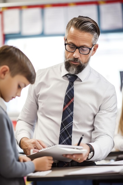 Captura de un maestro que usa una tableta digital para explicar el trabajo de clase creado con inteligencia artificial generativa