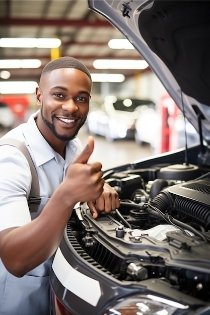 Captura de un mecánico mostrando los pulgares hacia arriba mientras mira el motor de un automóvil creado con IA generativa