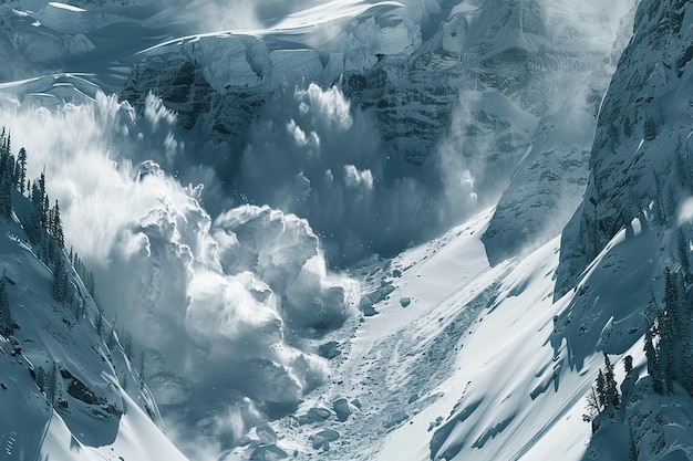 Foto captura el momento conmovedor como una avalancha de nieve generativa ai