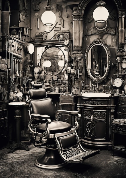 Foto captura monocromática del interior de una vieja barbería con una silla de barbero en el generativo medio ai