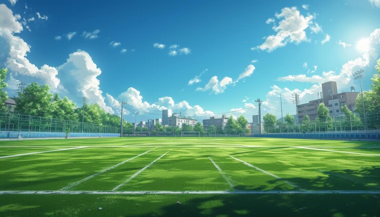 Captura de pantalla animada de campo de fútbol al estilo de hallyu grandeza de escala fotorrealista 32k uhd transavanguardia verde claro y azul escenas de género realistas