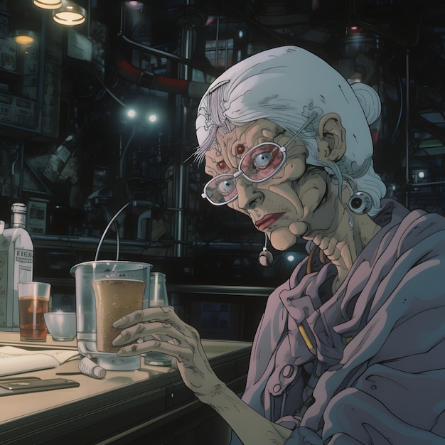 Captura de pantalla del anime de la década de 1980: una anciana un poco loca de la cabeza pero con la pasión de la humanidad en ella.