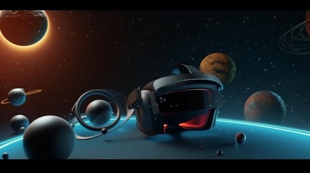 Una captura de pantalla de un auricular vr con planetas en el fondo.