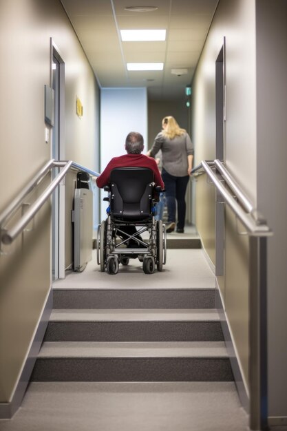 Foto captura de pantalla de dos usuarios de sillas de ruedas que bajan las escaleras en una oficina creada con ia generativa