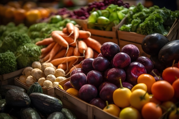 Captura de pantalla de frutas y verduras frescas en un mercado de agricultores Ai generativo