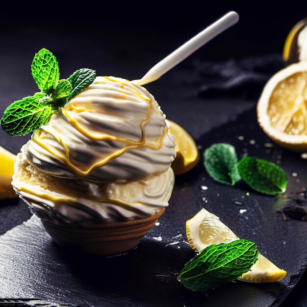 Captura de pantalla de un helado de limón y cremoso natural fresco decorado con menta y servido en una pizarra de piedra oscura sobre un fondo negro. La bola brillante se encuentra cerca.