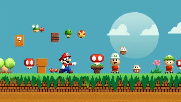 Foto una captura de pantalla de un juego con mario y otros personajes con ia generativa