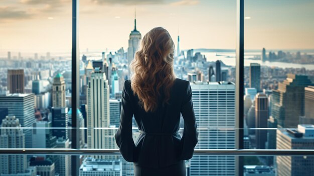 Captura de pantalla de una líder femenina contra una ventana panorámica y un paisaje urbano expansivo con un amplio espacio de copias