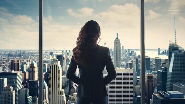 Captura de pantalla de una líder femenina contra una ventana panorámica y un paisaje urbano expansivo con un amplio espacio de copias