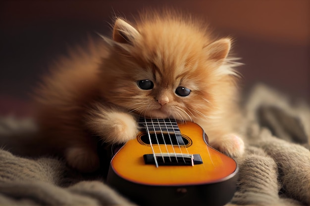 Captura de pantalla de un lindo gatito sosteniendo una pequeña guitarra y posando para la cámara