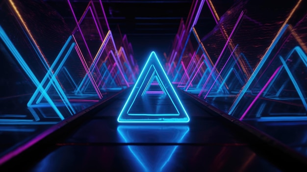 Captura de pantalla de luces de neón de colores que forman formas triangulares en perspectiva IA generativa AIG21