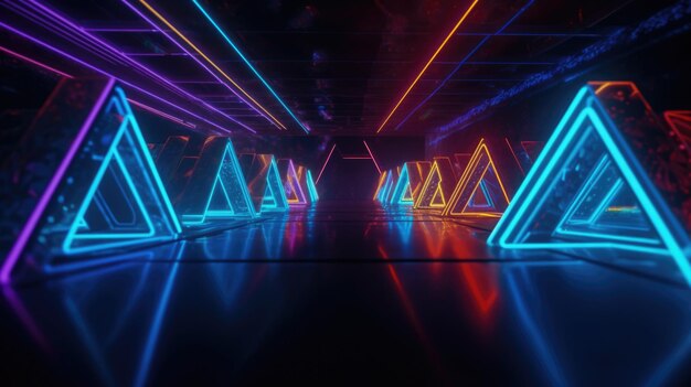 Captura de pantalla de luces de neón de colores que forman formas triangulares en perspectiva IA generativa AIG21