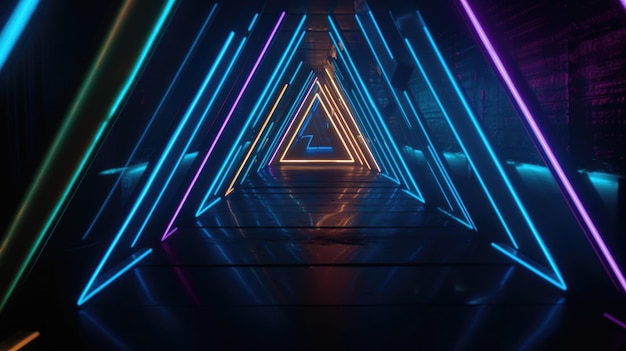 Captura de pantalla de luces de neón de colores que forman formas triangulares en perspectiva IA generativa AIG21