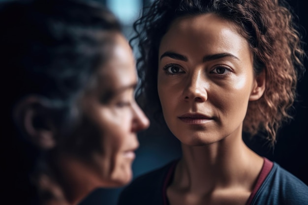 Foto captura de pantalla de una mujer practicando yoga con un instructor creado con ia generativa