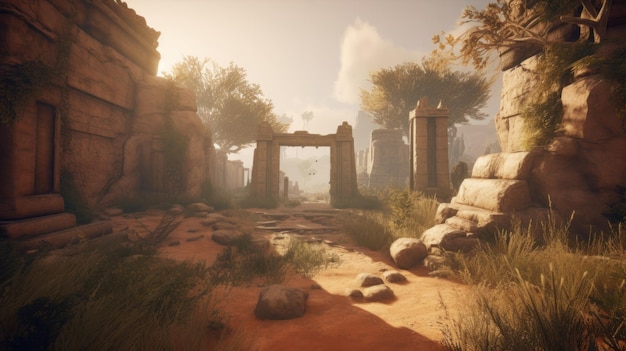 Una captura de pantalla de un paisaje desierto, desierto, con un arco de piedra y un árbol en el fondo.