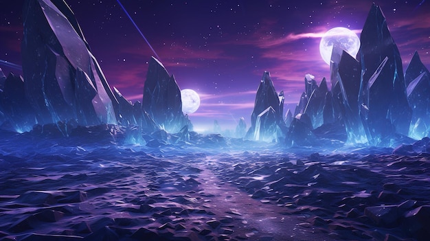 Una captura de pantalla de un paisaje helado con una luna y estrellas.