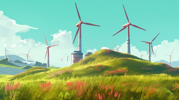 Foto una captura de pantalla de un paisaje con turbinas eólicas