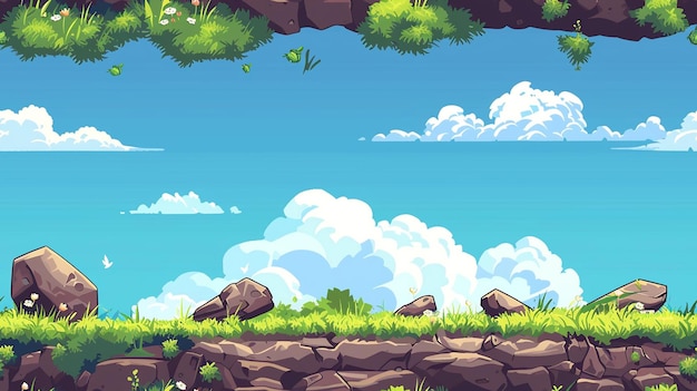 una captura de pantalla de un paisaje con una vista del océano y las nubes