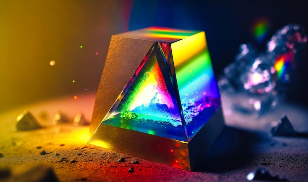Foto captura de pantalla de un prisma refractor de la luz que resalta los colores del arcoíris que crea