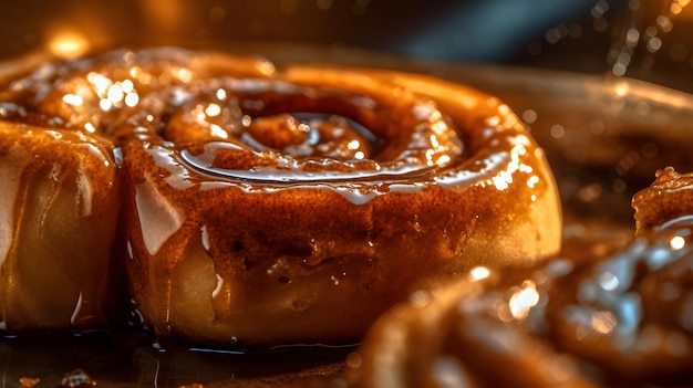 Captura de pantalla de un rollo de canela recién horneado con un ai de glaseado de caramelo generado