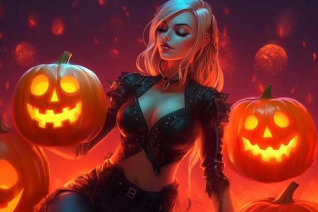 una captura de pantalla de una tarjeta de Halloween que muestra a una mujer con calabazas y una calabaza.