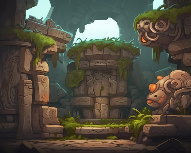 Una captura de pantalla de un templo maya en una cueva.