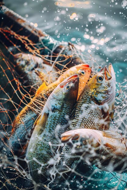 Una captura de pescado fresco en una red de pesca