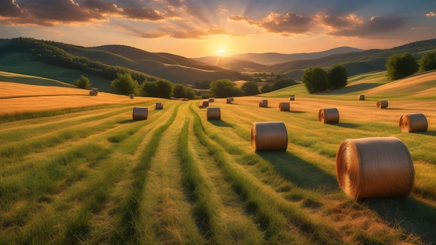 Captura realista de la vibrante matriz de colores del atardecer que se reflejan en las balas de heno esparcidas Generativo A