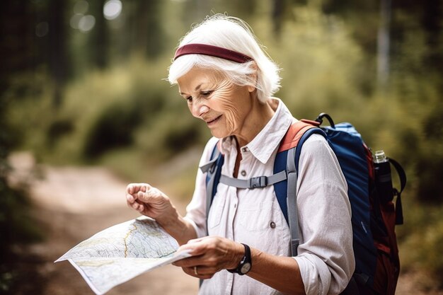 Captura recortada de una anciana mirando un mapa mientras realiza una caminata creada con IA generativa