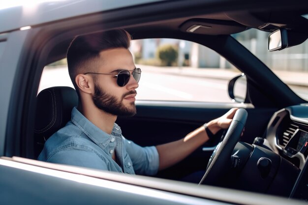 Foto captura recortada de un apuesto joven conduciendo en su automóvil creado con ai generativo