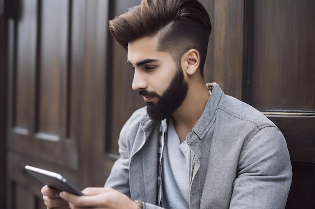 Captura recortada de un apuesto joven usando su tableta digital creada con IA generativa