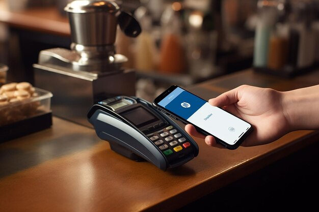 Captura recortada de barista usando un teléfono inteligente con aplicación de pago sin contacto