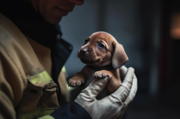 Captura recortada de un bombero jugando con su cachorro creado con ai generativo