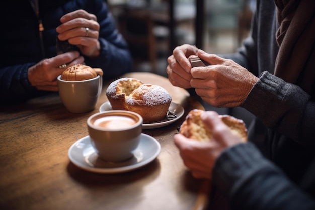 Captura recortada de dos clientes tomando café en una panadería creada con IA generativa