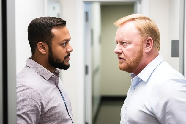 Foto captura recortada de dos colegas masculinos que tienen una discusión en el pasillo creada con inteligencia artificial generativa