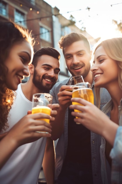 Captura recortada de un grupo de amigos bebiendo cerveza al aire libre creado con IA generativa