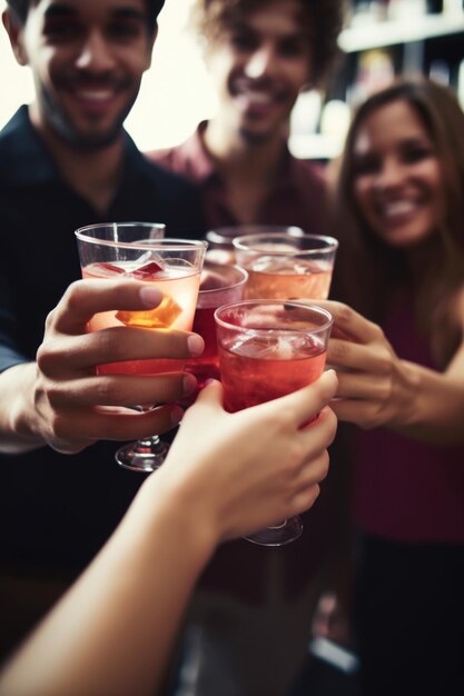Captura recortada de un grupo de amigos sosteniendo sus bebidas en una fiesta creada con inteligencia artificial generativa