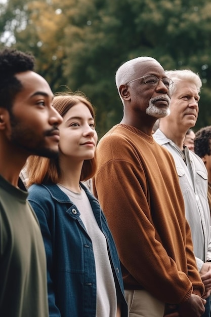 Captura recortada de un grupo diverso de personas en el parque público creado con ai generativo