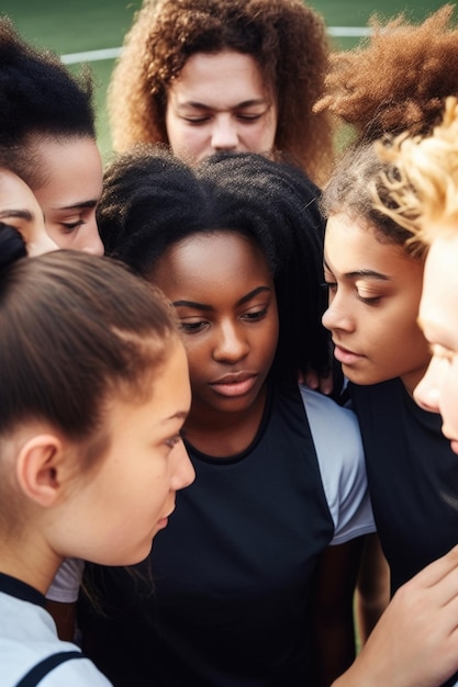 Captura recortada de un grupo de jóvenes deportistas juntos en un grupo creado con IA generativa.