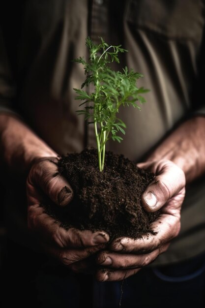 Captura recortada de un hombre irreconocible que sostiene una planta que crece a partir del suelo creado con ai generativa
