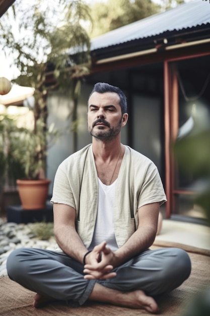 Captura recortada de un hombre meditando en una propiedad comunal creada con IA generativa