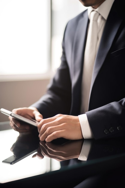 captura recortada de un hombre de negocios irreconocible usando una tableta digital en su oficina creada con IA generativa