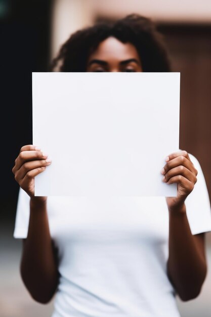 Captura recortada de una joven irreconocible sosteniendo un cartel en blanco creado con ai generativo