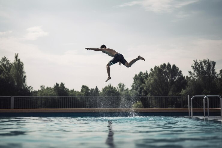 Captura recortada de un joven nadador saltando del trampolín creado con IA generativa
