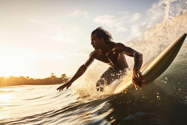Captura recortada de un joven surfeando con su tabla de surf creada con IA generativa